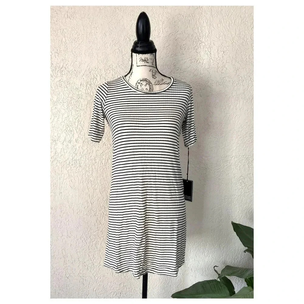Michael Lauren Striped Black-White T-Shirt‎ Dress Short Sleeve Sz S Crew Neck